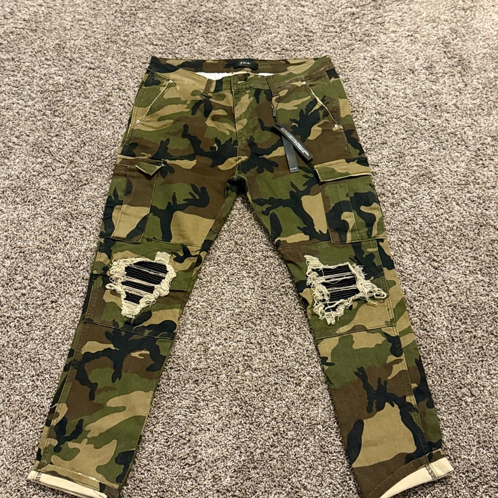 AMIRI Green Camouflage Ripped Cargo Pants